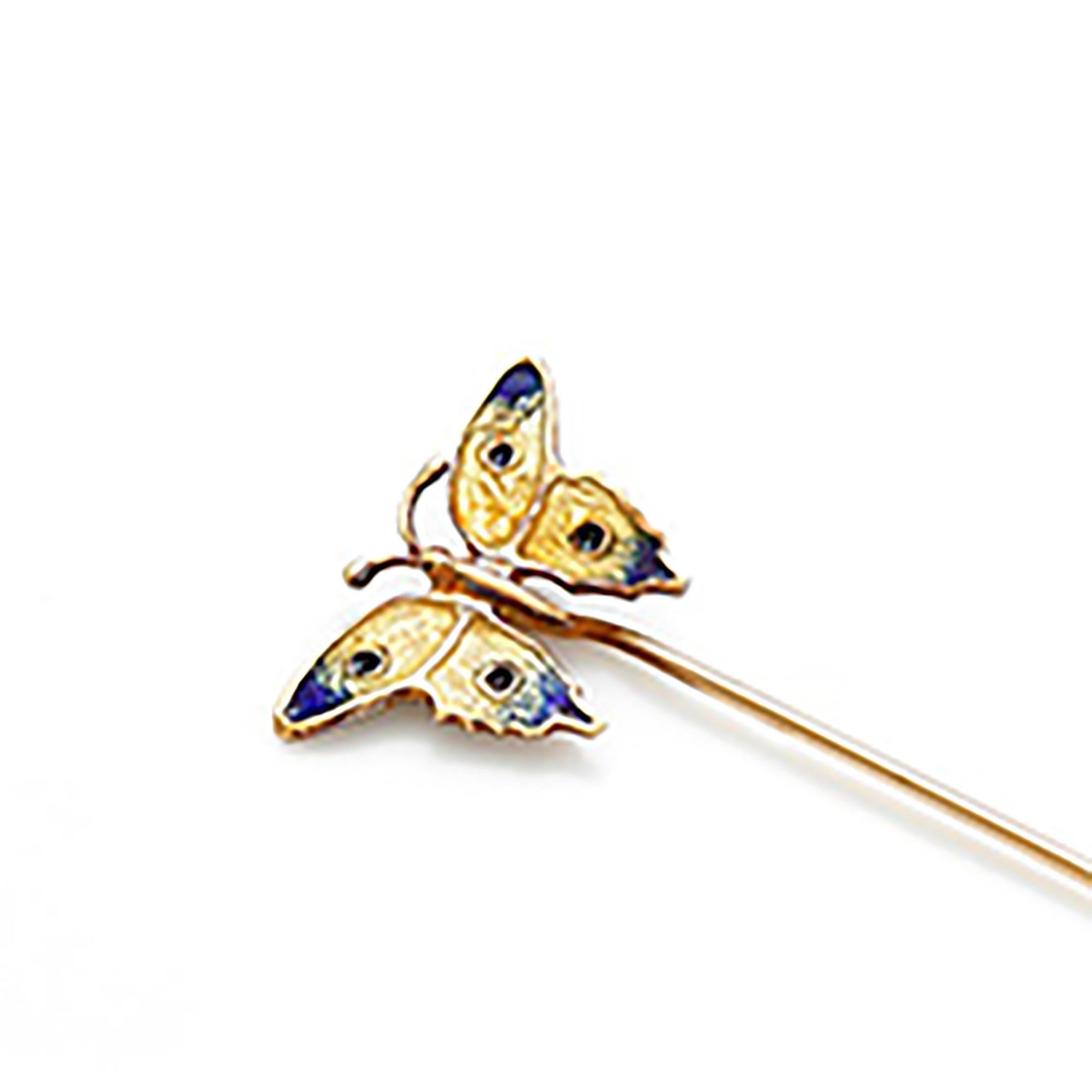 Art Deco 18 karat yellow gold butterfly stick pin
Blue and yellow enamel 
One of a kind 
Very good condition