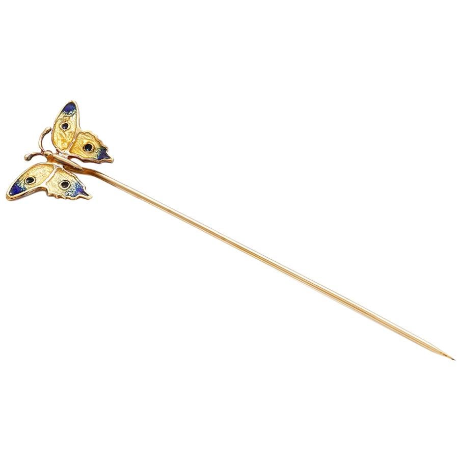 Vintage Yellow Gold Butterfly Enamel Stick Pin