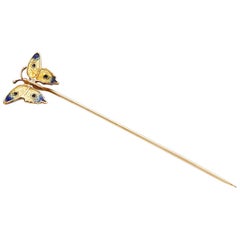Vintage Yellow Gold Butterfly Enamel Stick Pin