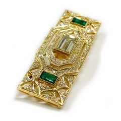Art Deco 18K Yellow Gold Emerald Diamond Brooch Pendant, Circa 1930s