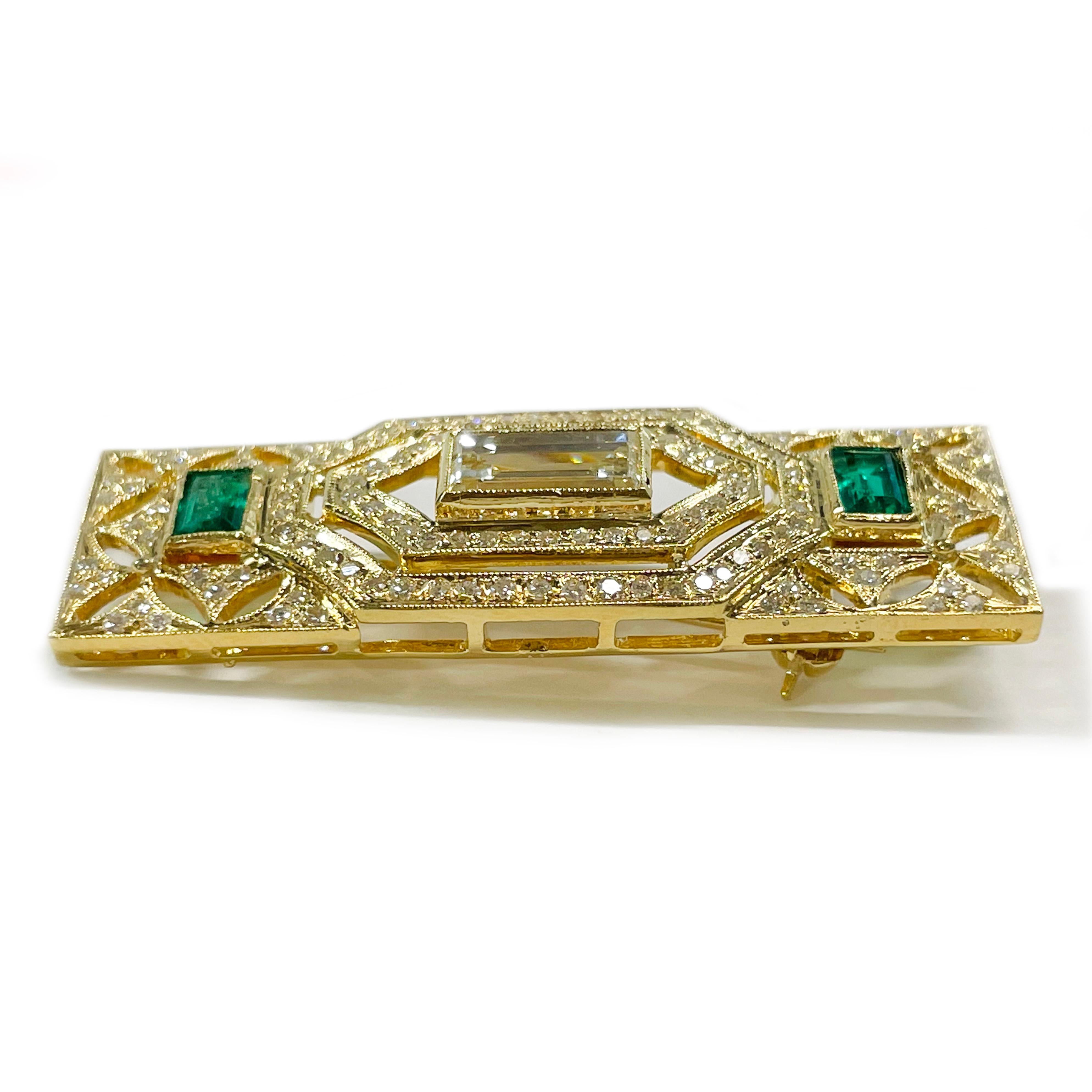 Emerald Cut Art Deco Yellow Gold Emerald Diamond Brooch Pendant For Sale