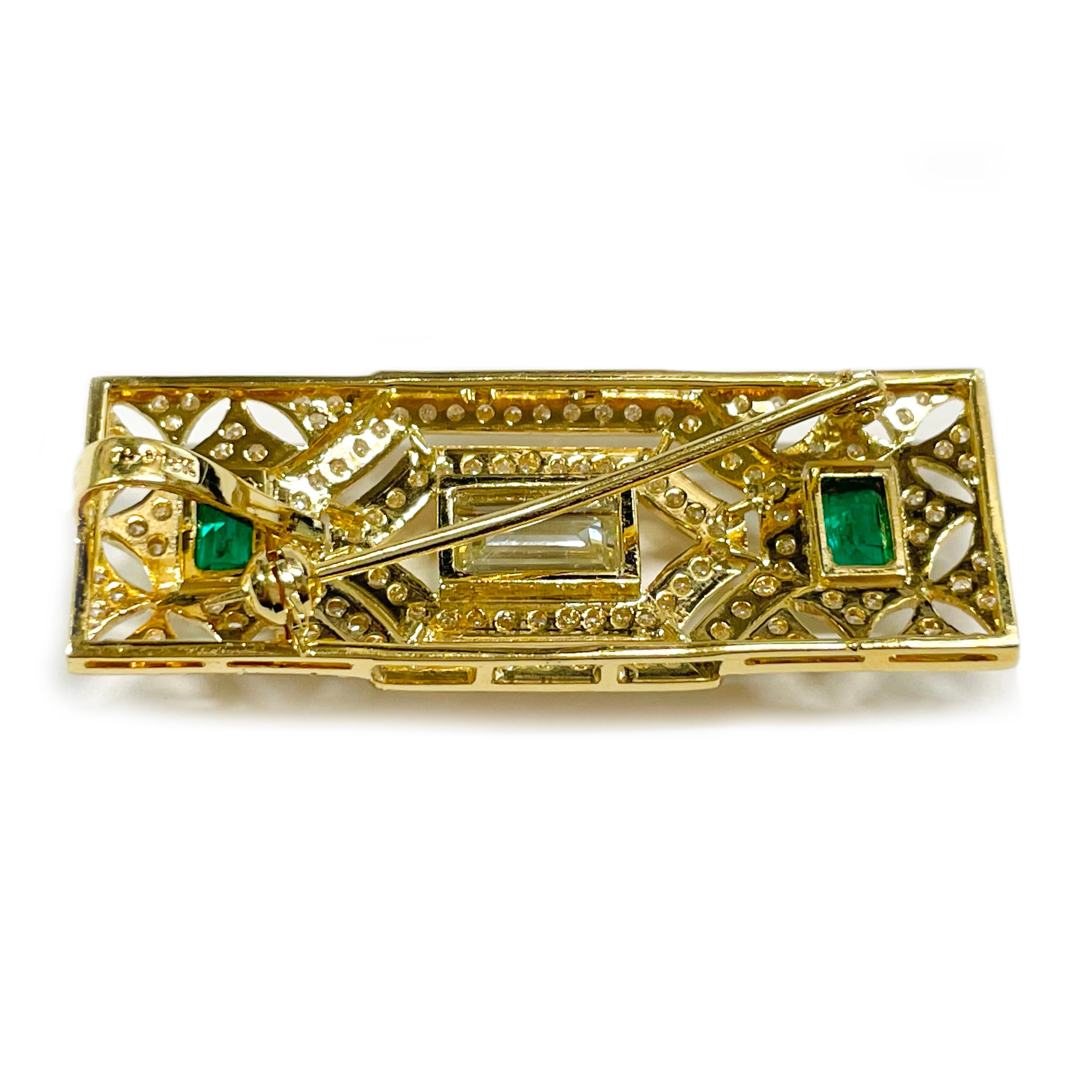 Women's or Men's Art Deco Yellow Gold Emerald Diamond Brooch Pendant For Sale