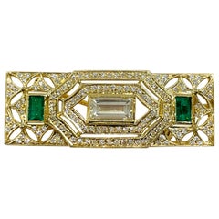 Art Deco Yellow Gold Emerald Diamond Brooch Pendant