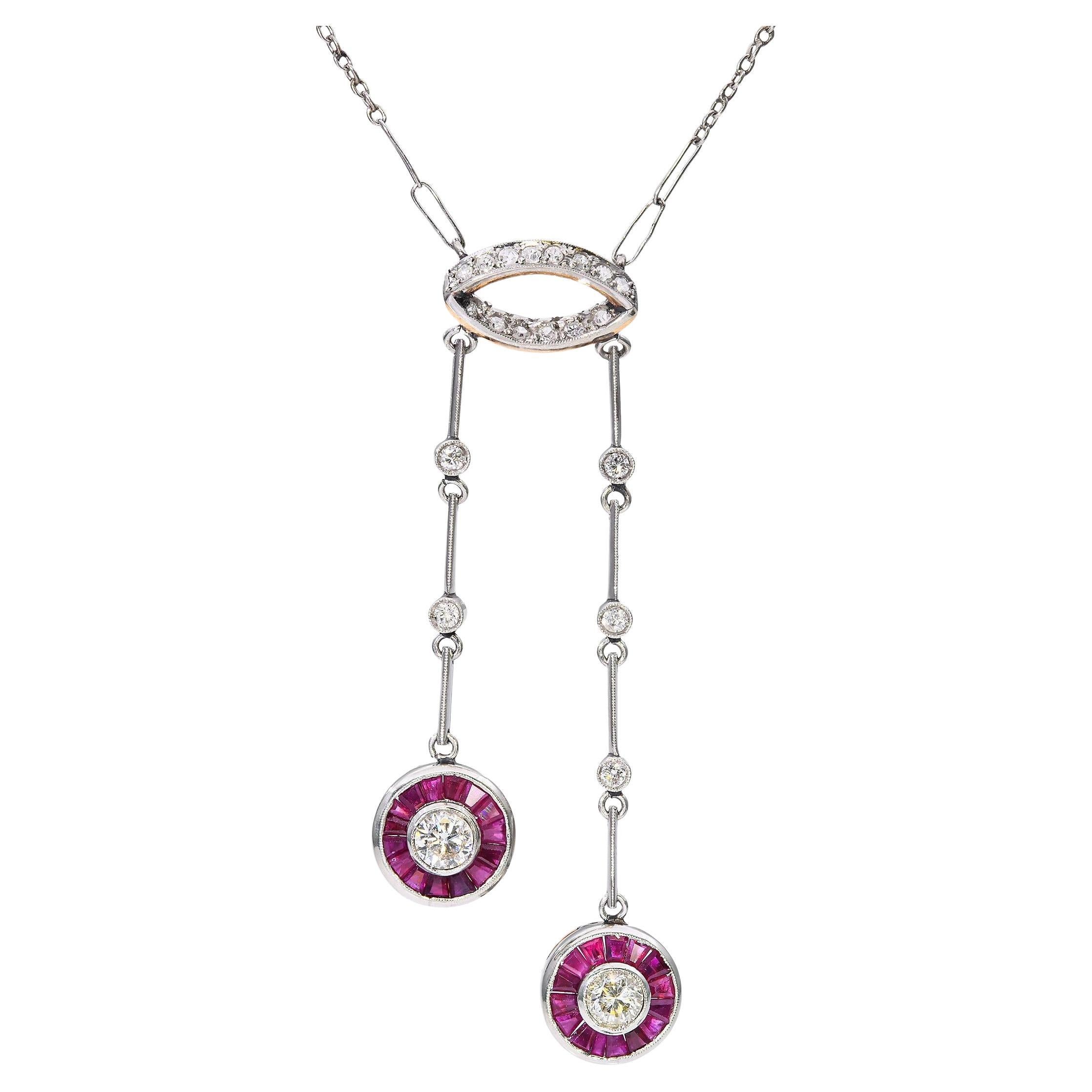 Art Deco Yellow Gold & Platinum Diamond and Ruby Drop Necklace