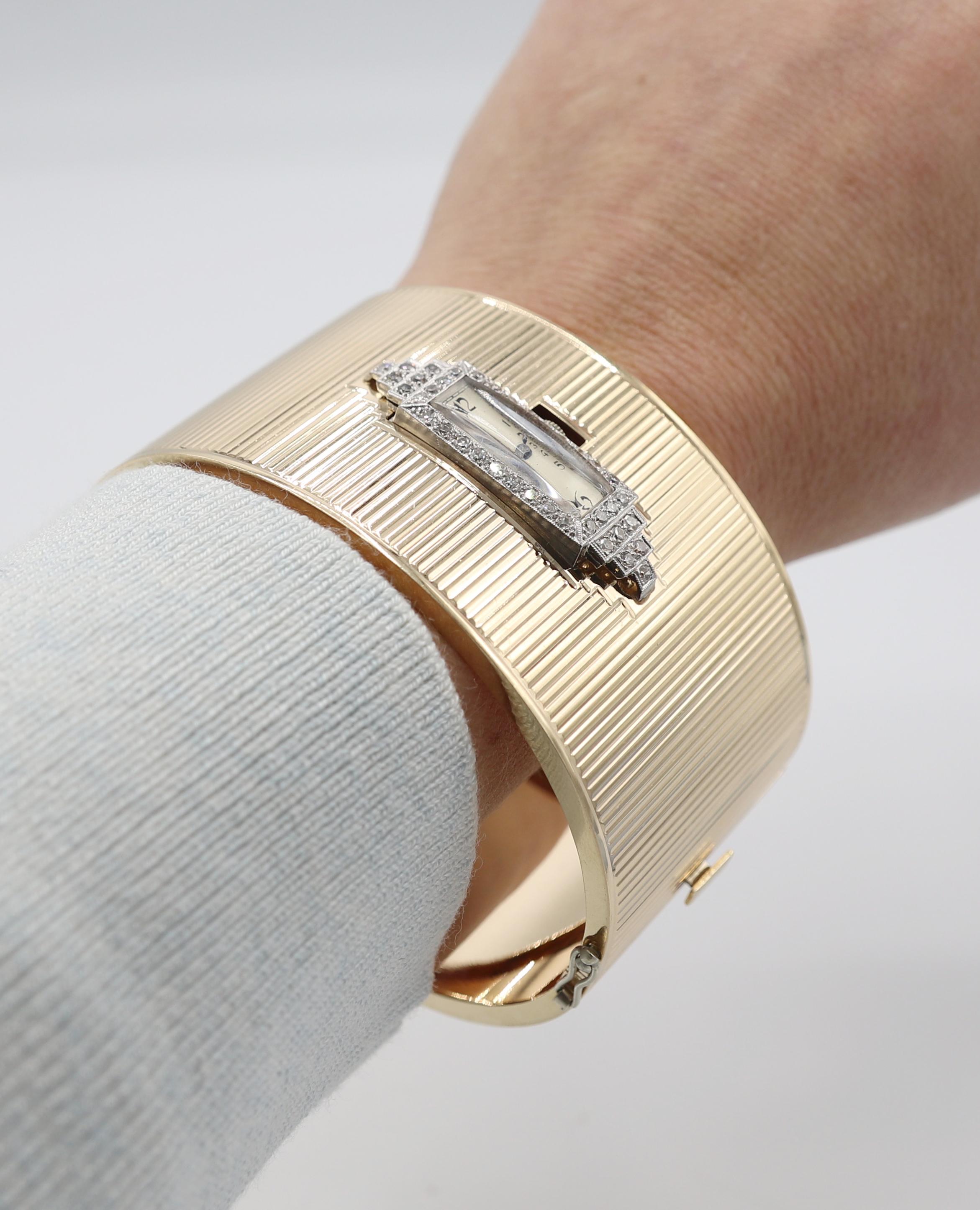 Single Cut Art Deco Yellow Gold & Platinum Diamond Hinged Watch Bangle Bracelet