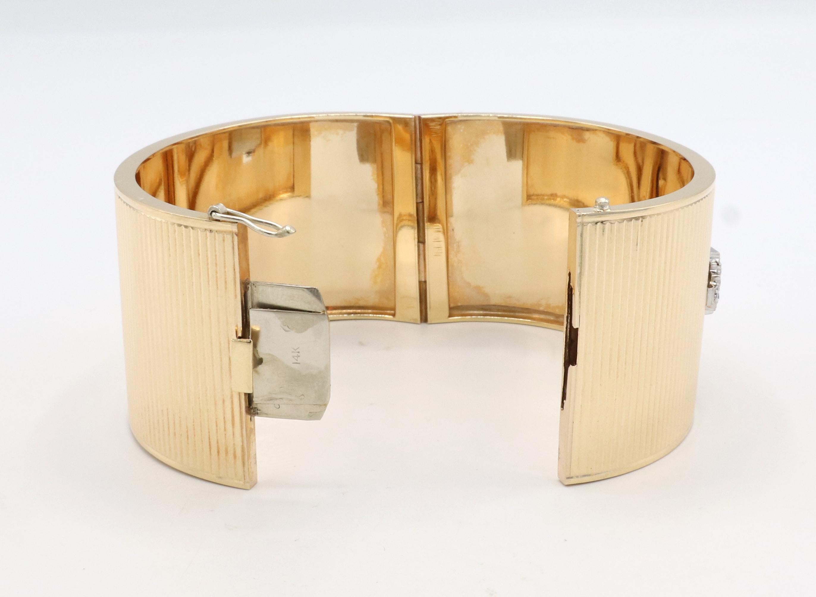 Art Deco Yellow Gold & Platinum Diamond Hinged Watch Bangle Bracelet In Good Condition In  Baltimore, MD