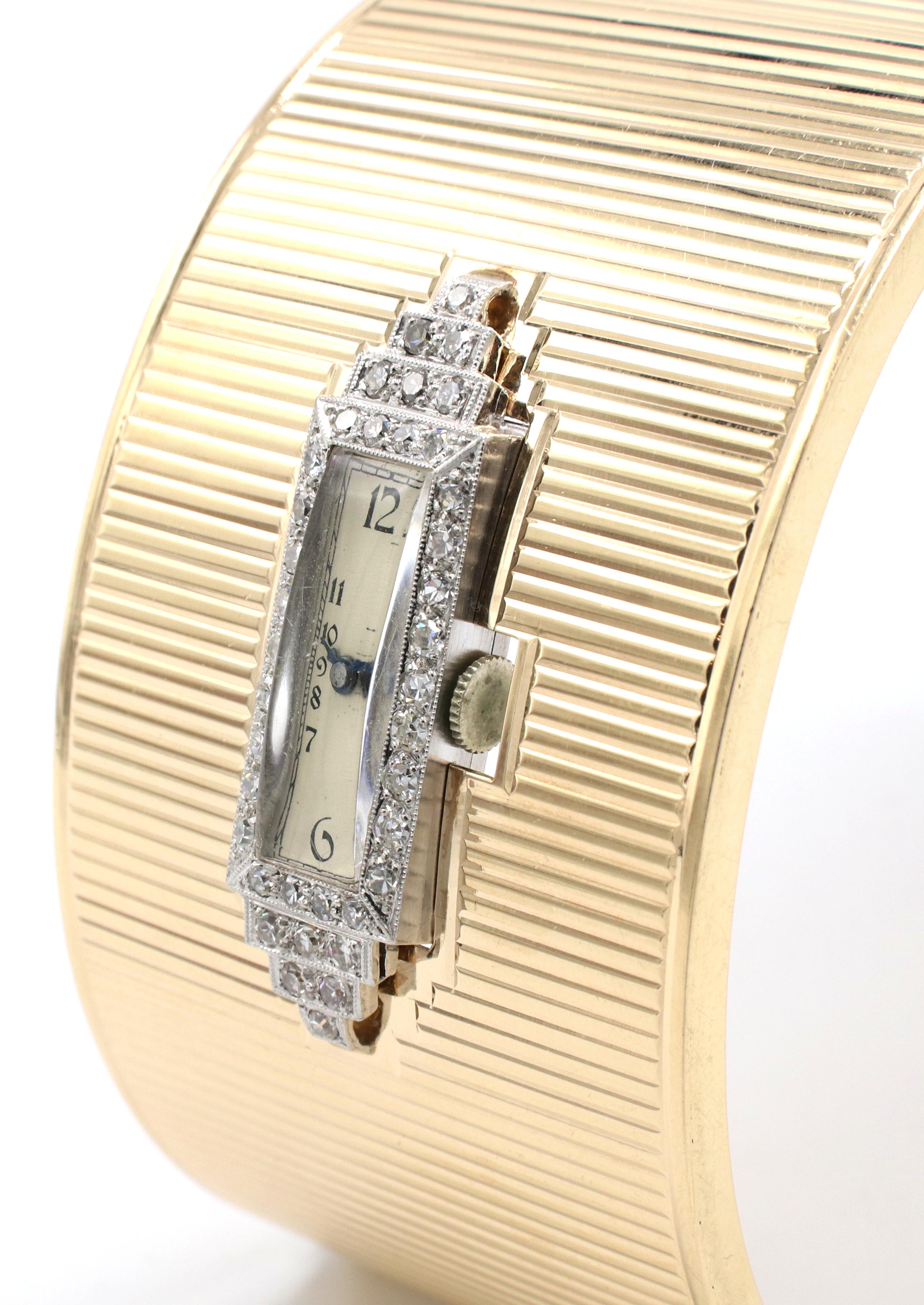 Women's Art Deco Yellow Gold & Platinum Diamond Hinged Watch Bangle Bracelet