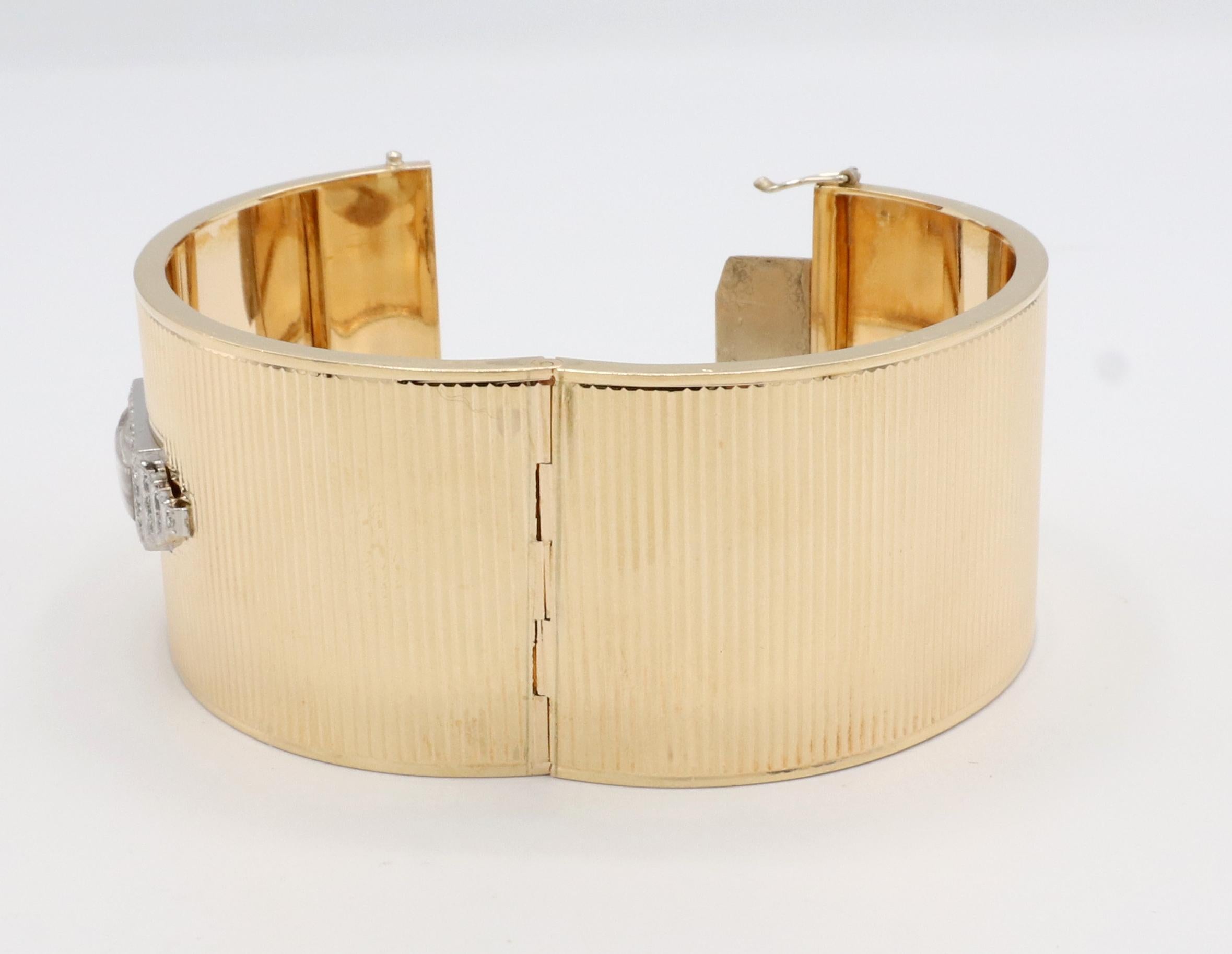 Art Deco Yellow Gold & Platinum Diamond Hinged Watch Bangle Bracelet 2
