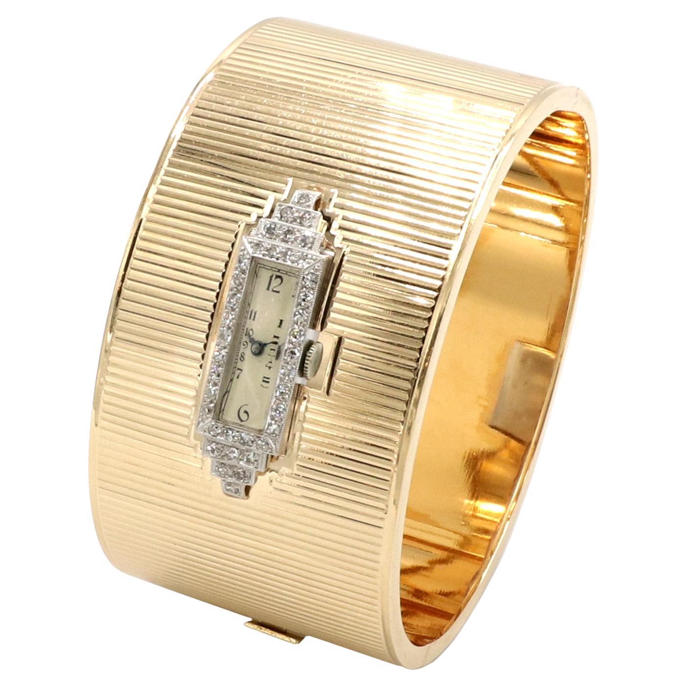 Art Deco Yellow Gold & Platinum Diamond Hinged Watch Bangle Bracelet