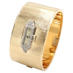 Art Deco Yellow Gold & Platinum Diamond Hinged Watch Bangle Bracelet