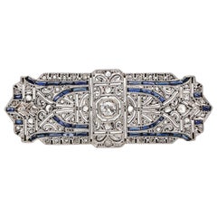 Art Deco Yellow Gold Platinum Topped Old Cut Diamond and Sapphire Brooch