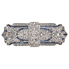 Antique Art Deco Yellow Gold Platinum Topped Old Cut Diamond and Sapphire Brooch