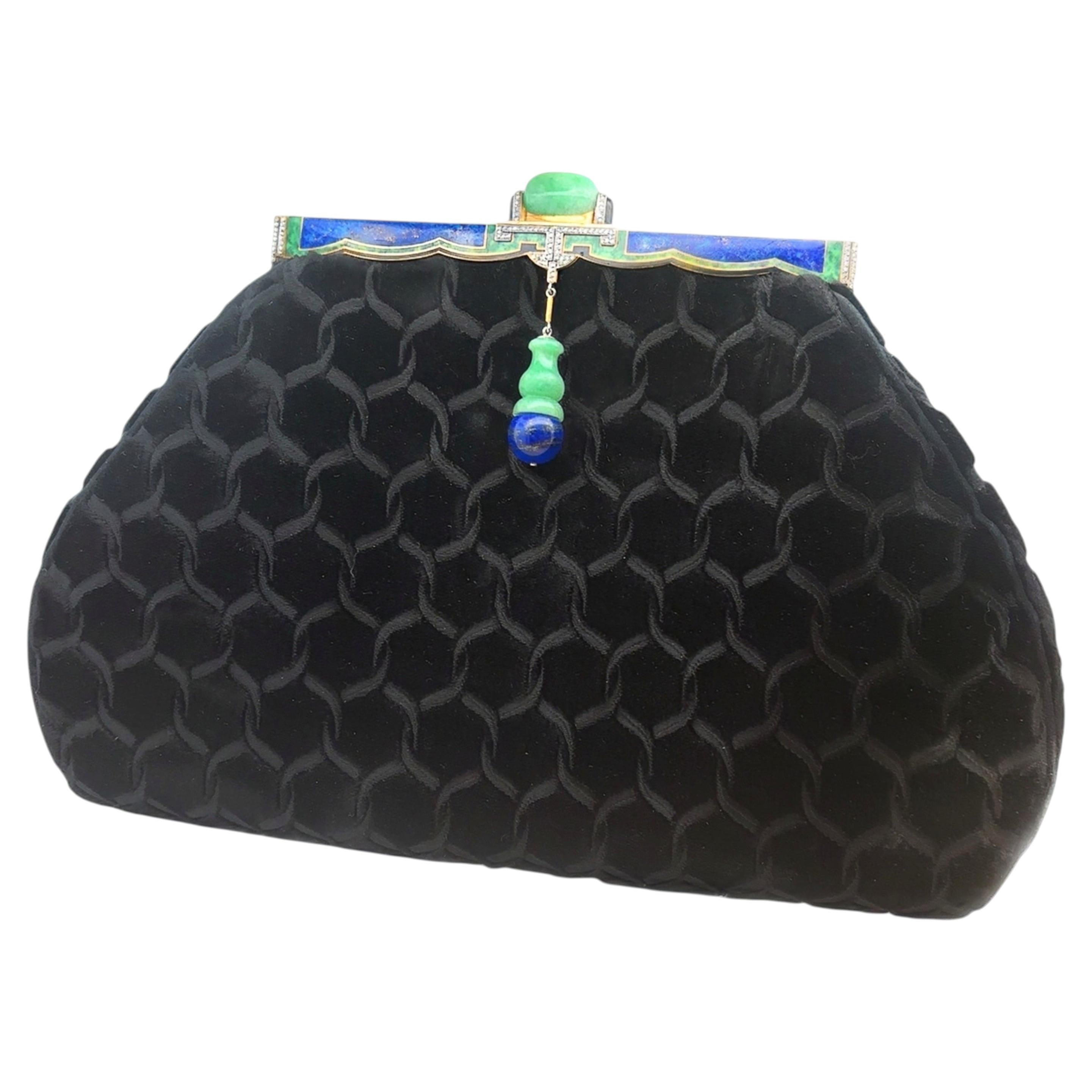 Bolso de mano Art Déco de terciopelo y oro amarillo con jade, lapislázuli y ónix, década de 1920
