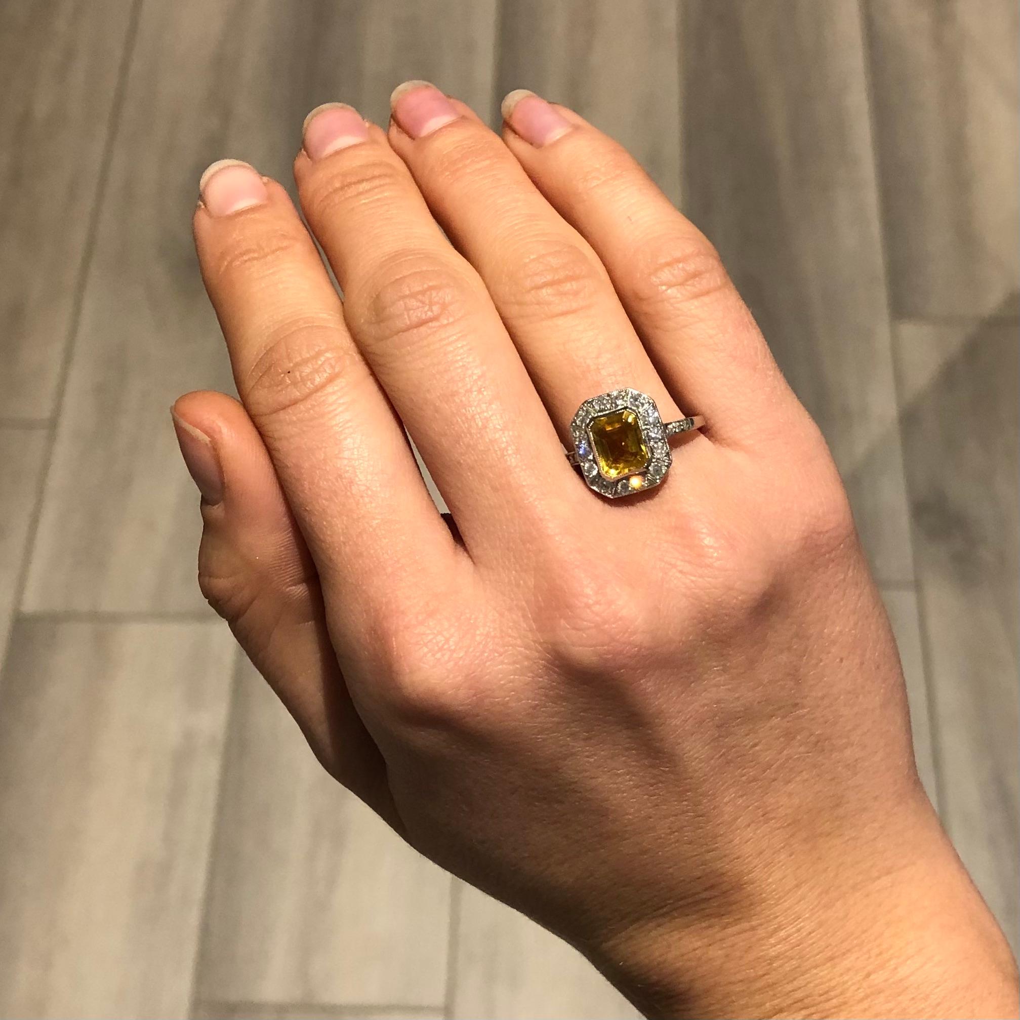 Brilliant Cut Art Deco Yellow Sapphire and Diamond Platinum Cluster Ring