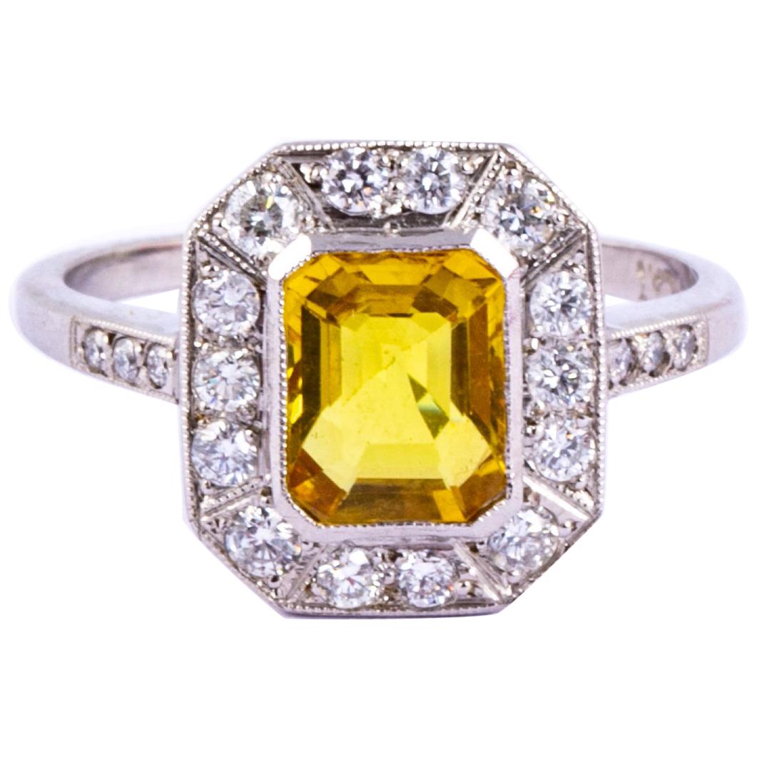 Art Deco Yellow Sapphire and Diamond Platinum Cluster Ring
