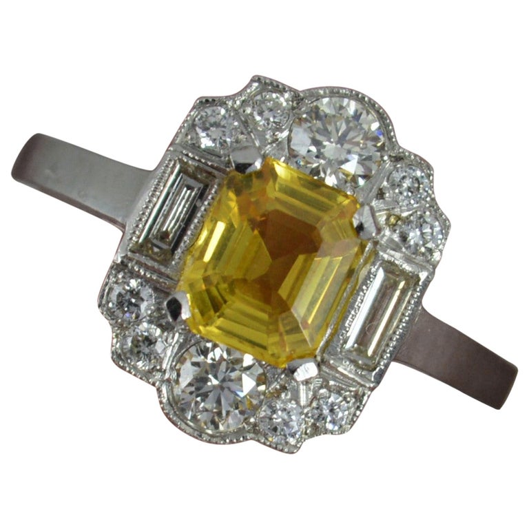 Art Deco Style Yellow Sapphire VS1 0.65 Carat Diamond Platinum Cluster Ring