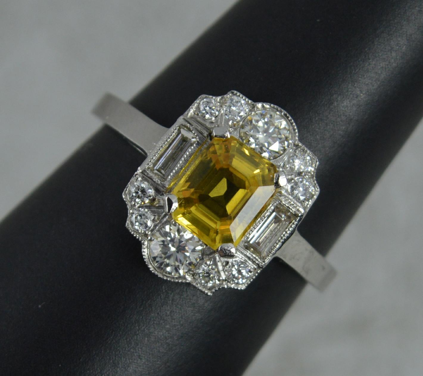 Art Deco Style Yellow Sapphire VS1 0.65 Carat Diamond Platinum Cluster Ring 5