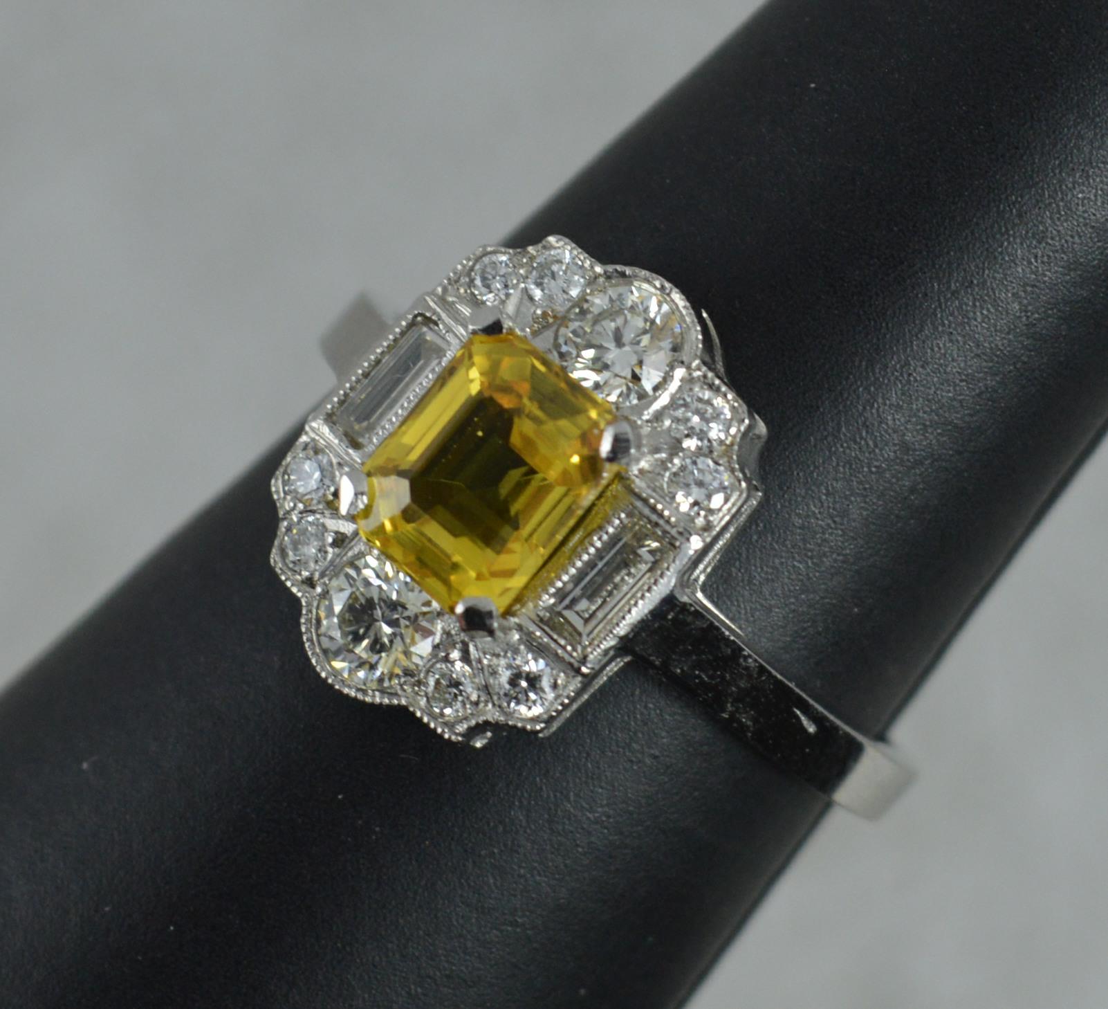 Art Deco Style Yellow Sapphire VS1 0.65 Carat Diamond Platinum Cluster Ring 6