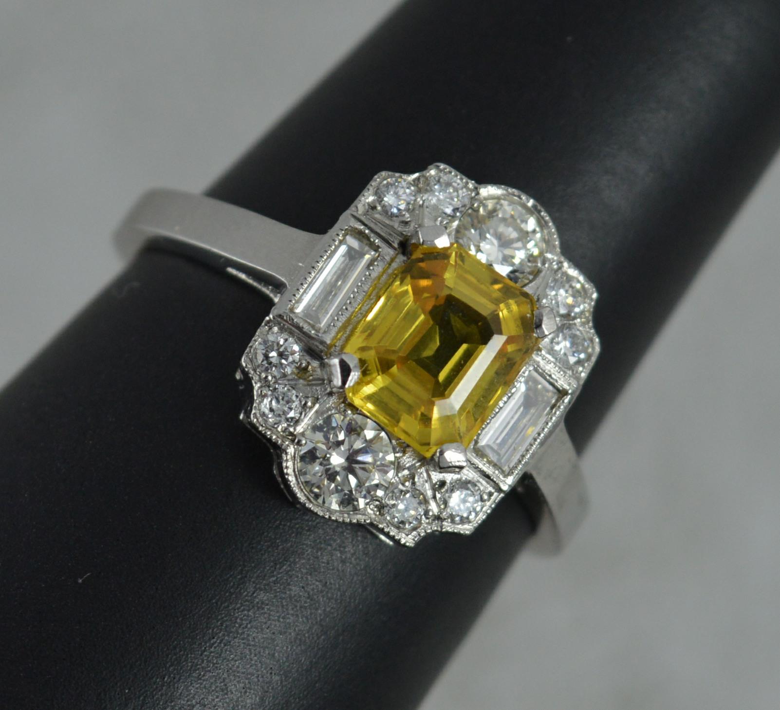Art Deco Style Yellow Sapphire VS1 0.65 Carat Diamond Platinum Cluster Ring 7