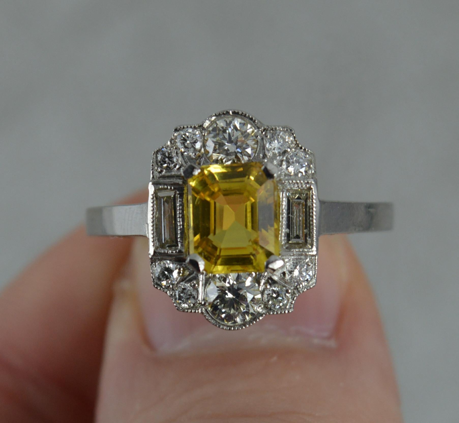 Women's Art Deco Style Yellow Sapphire VS1 0.65 Carat Diamond Platinum Cluster Ring
