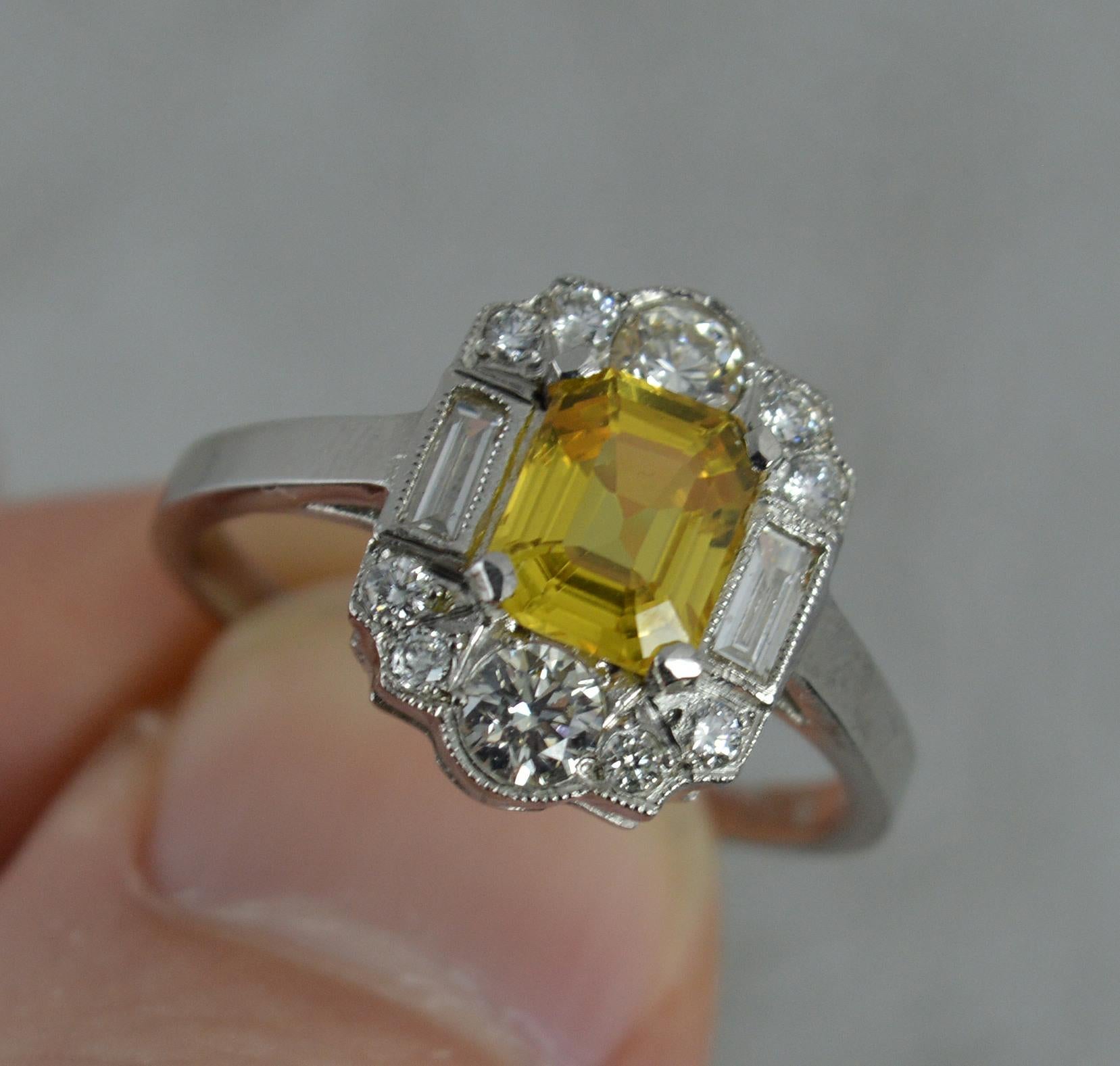 Art Deco Style Yellow Sapphire VS1 0.65 Carat Diamond Platinum Cluster Ring 1