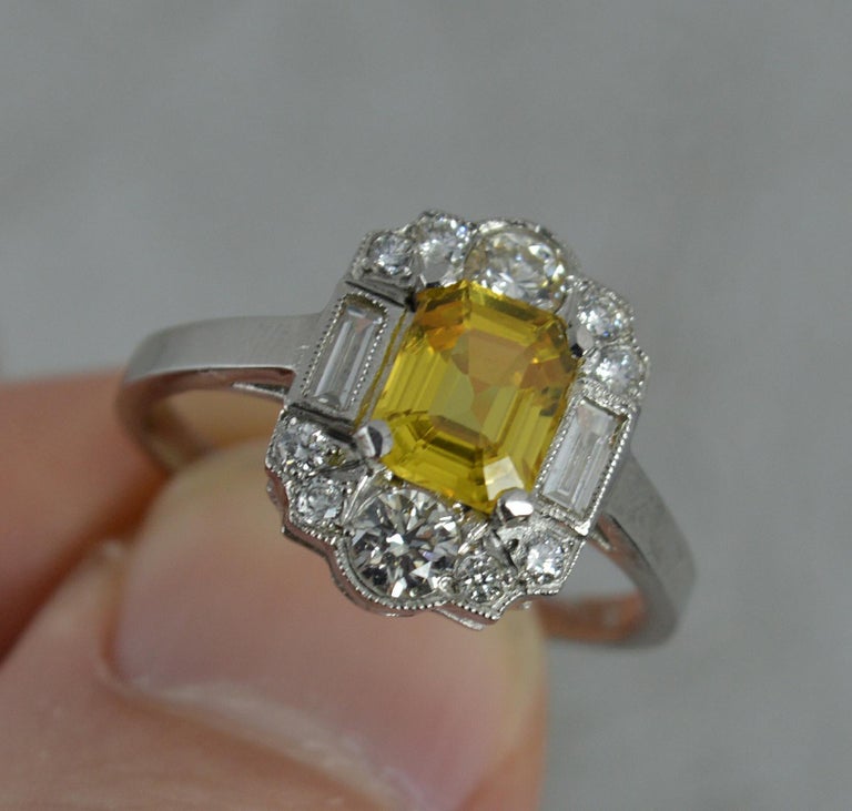 Art Deco Style Yellow Sapphire VS1 0.65 Carat Diamond Platinum Cluster Ring 2