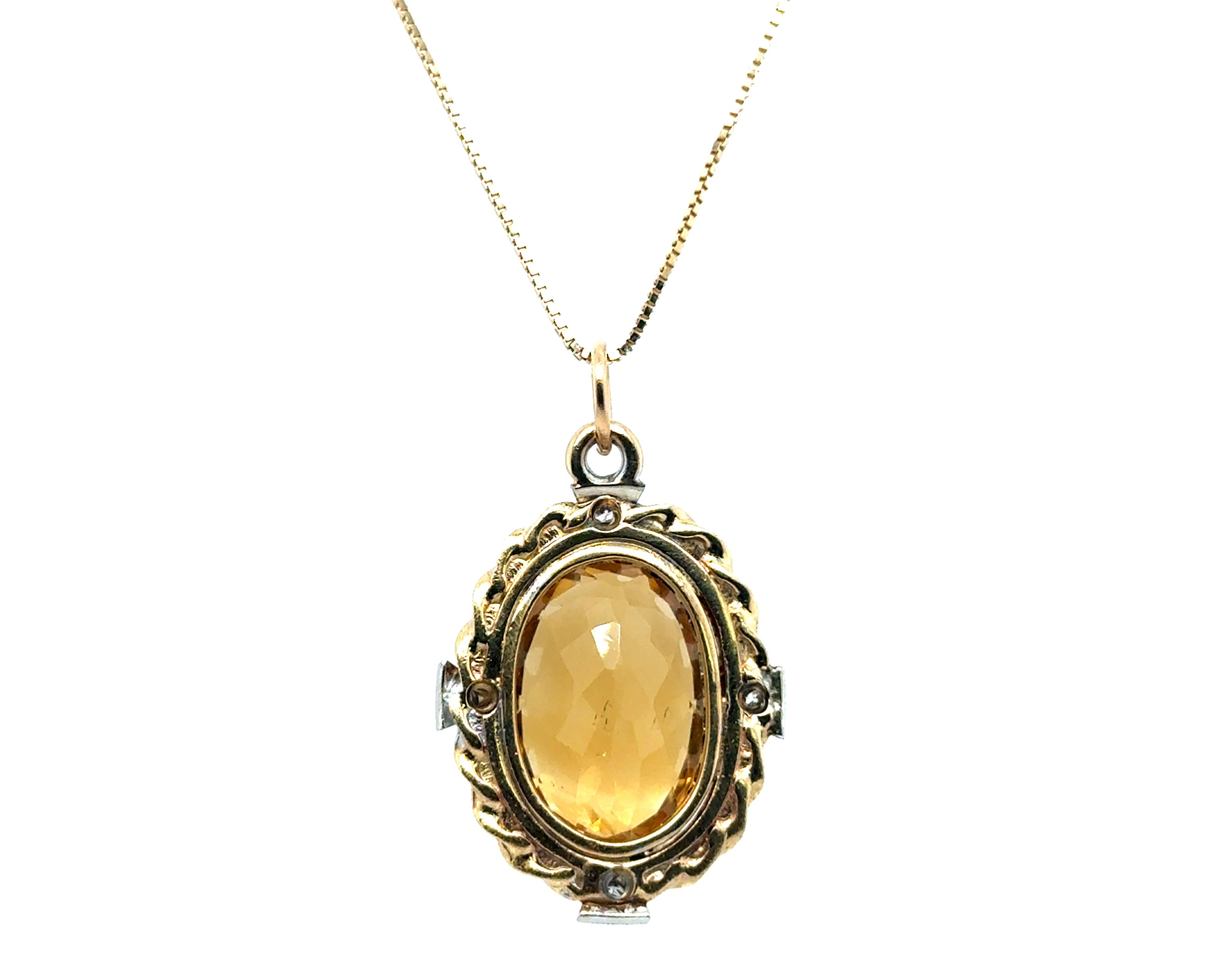 Pendentif Art déco ancien 12 carats 14 carats, diamants et topaze jaune, années 1930-1940 Excellent état - En vente à Dearborn, MI