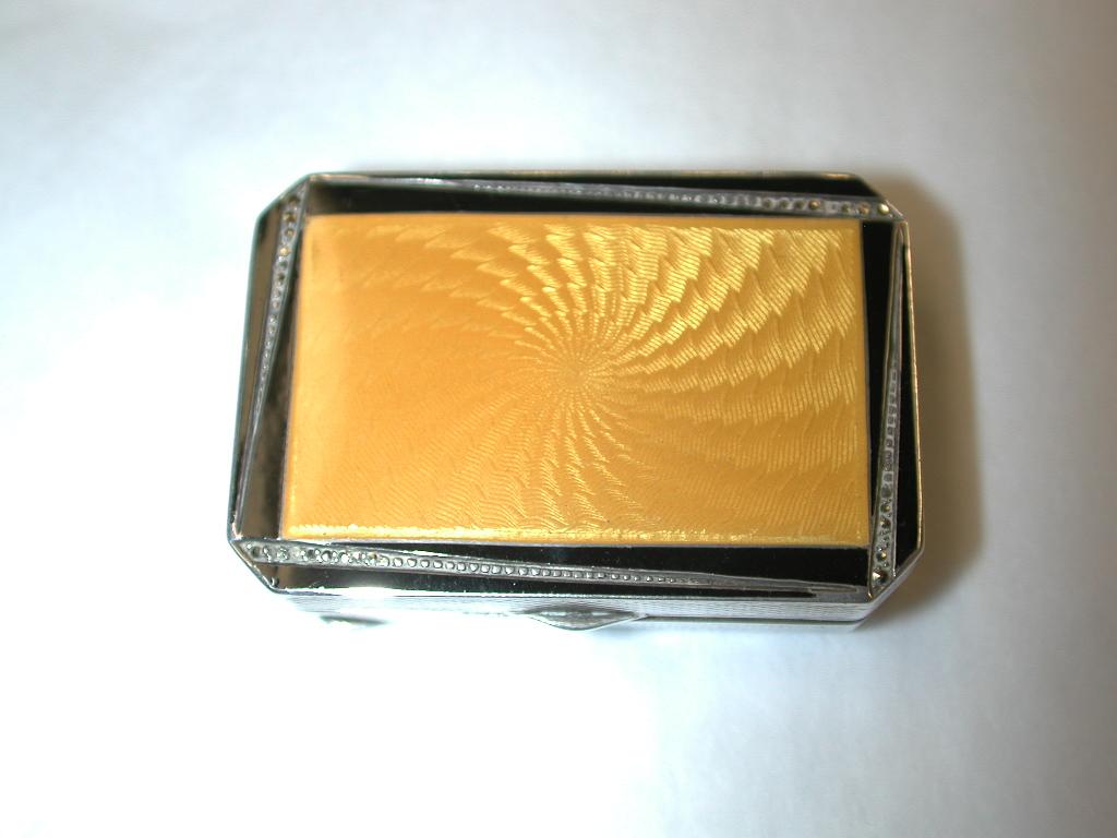 Early 20th Century Art Deco Yellow, Black and Marcasite Silver Box, P H Vogel, London, 1928