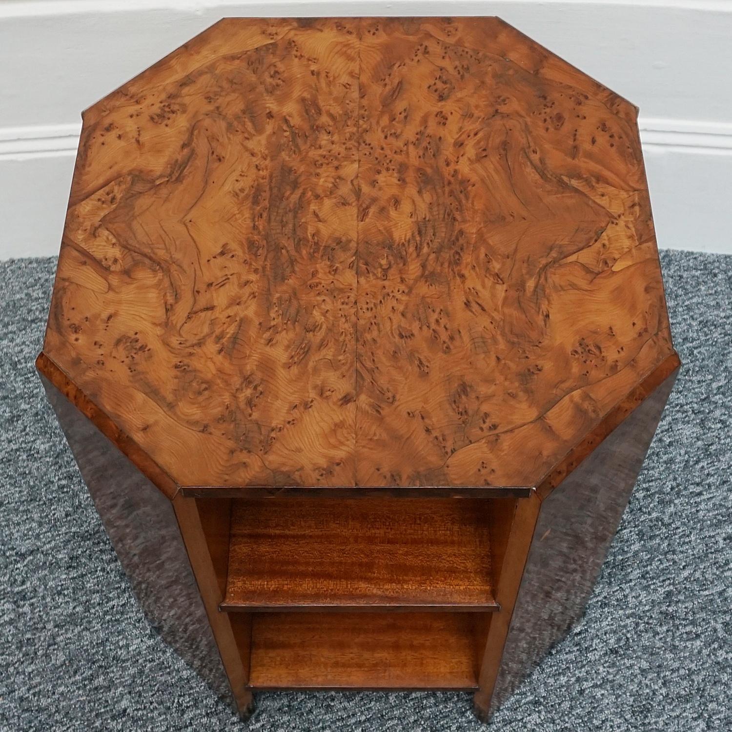 An Art Deco side table by Waring & Gillow. Burr Yew veneered with macassar ebony banding. Open two tiered shelving. Waring and Gillow Ltd label to underneath. 

Dimensions: H 53.5cm D 44.5cm

Origin: English

Date: circa 1935

Item Number: