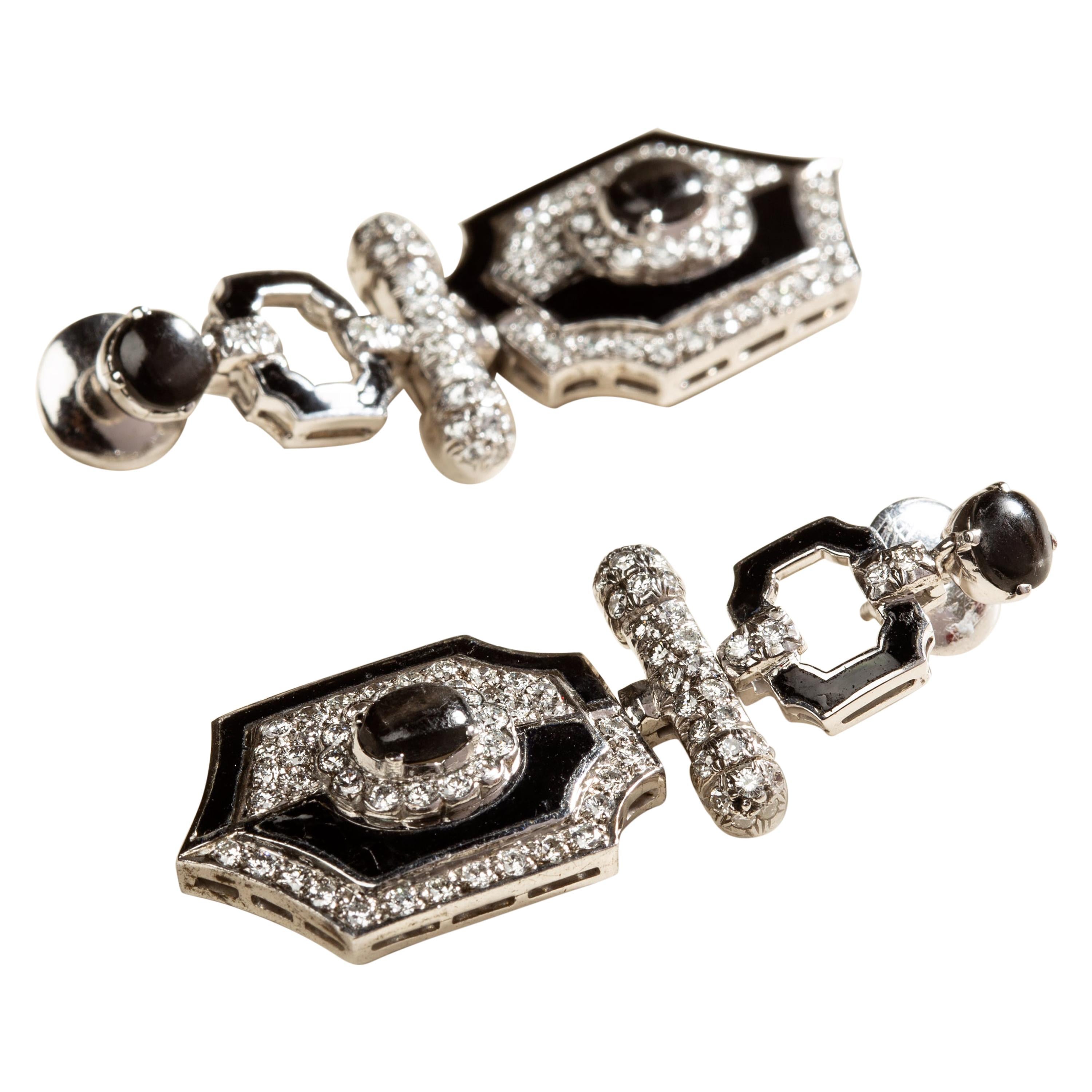 Art Deco Style Yin Yang Earrings in 18 Karat White Gold, Diamonds and Black Onyx