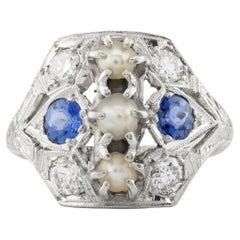 Art Deco Yogo Gulch Sapphire, Natural Pearl, & Diamond Ring in Platinum