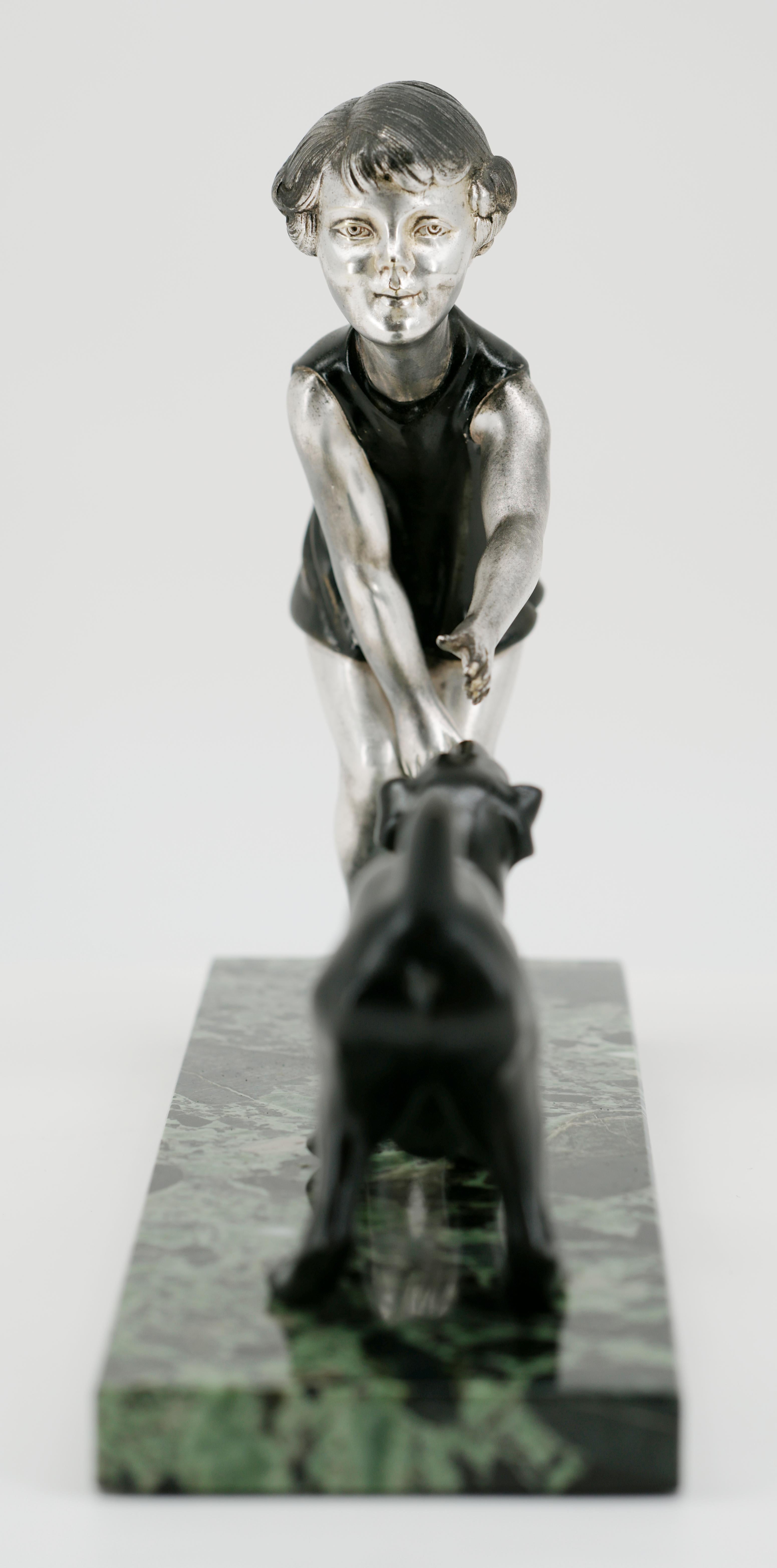 Spelter Art Deco Young Girl & Dog Sculpture by P.Sega, 1920 For Sale