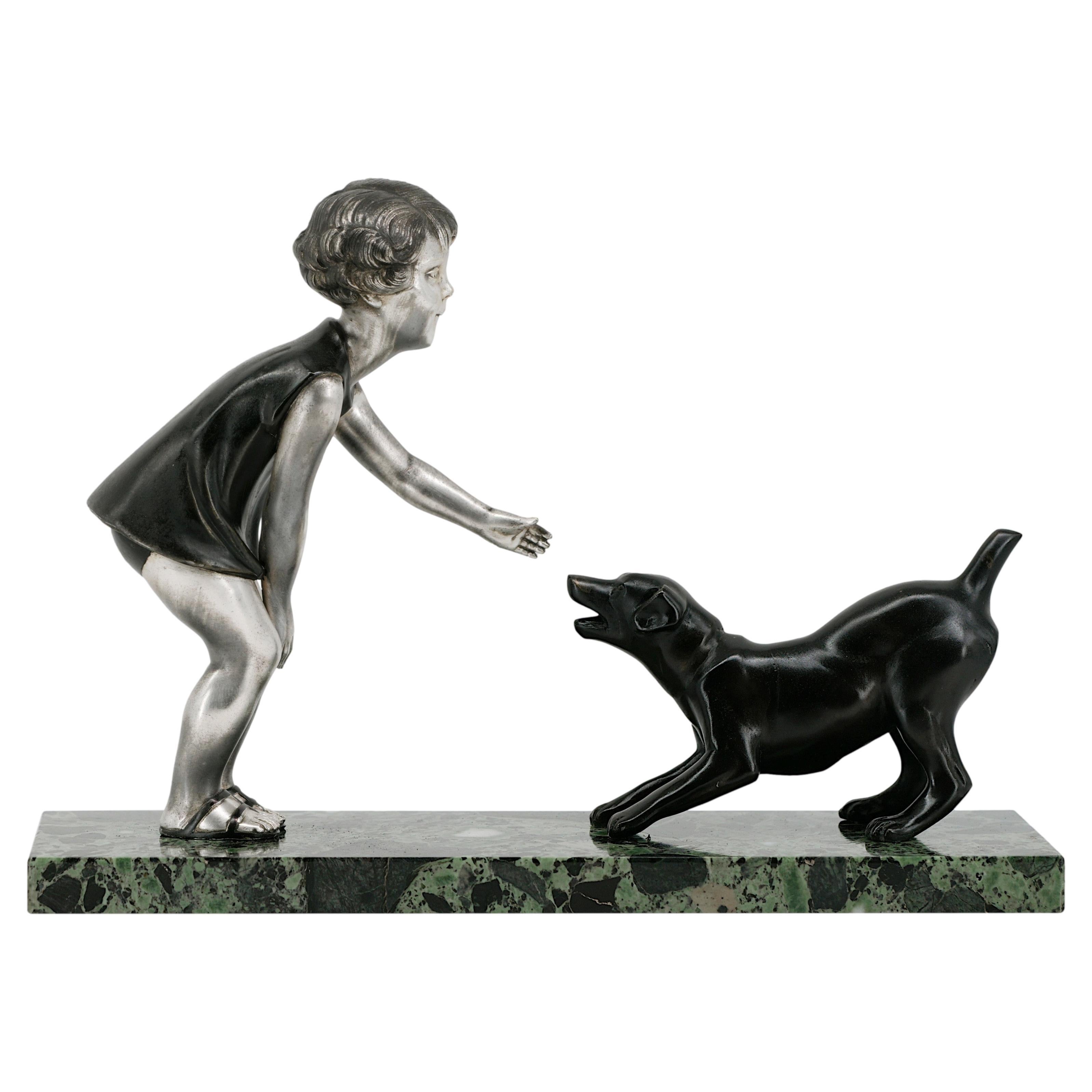 Art Deco Young Girl & Dog Sculpture by P.Sega, 1920