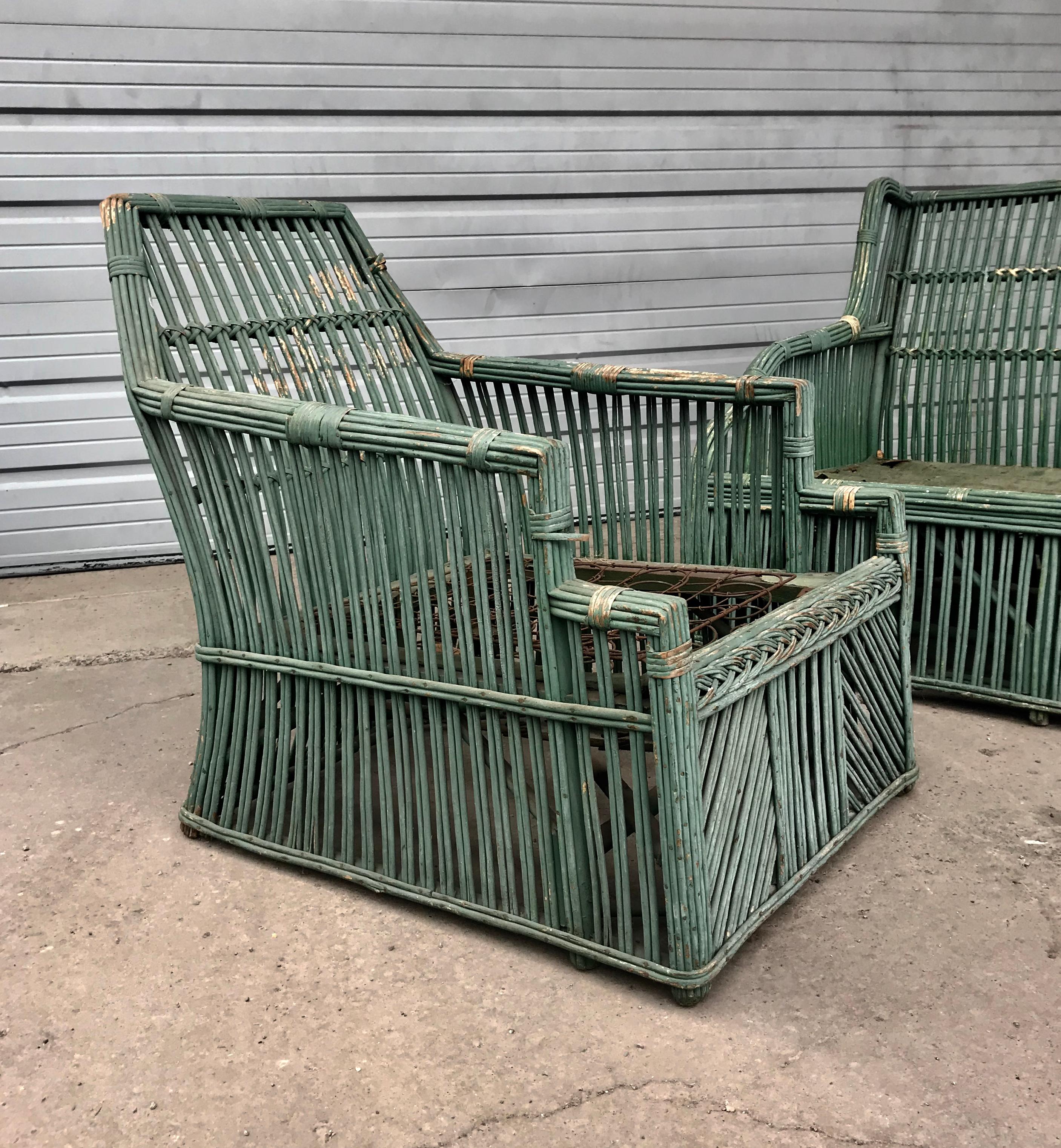 Art Deco Ypsilanti Stick Wicker / Split Reed Sofa and Chairs In Good Condition In Buffalo, NY