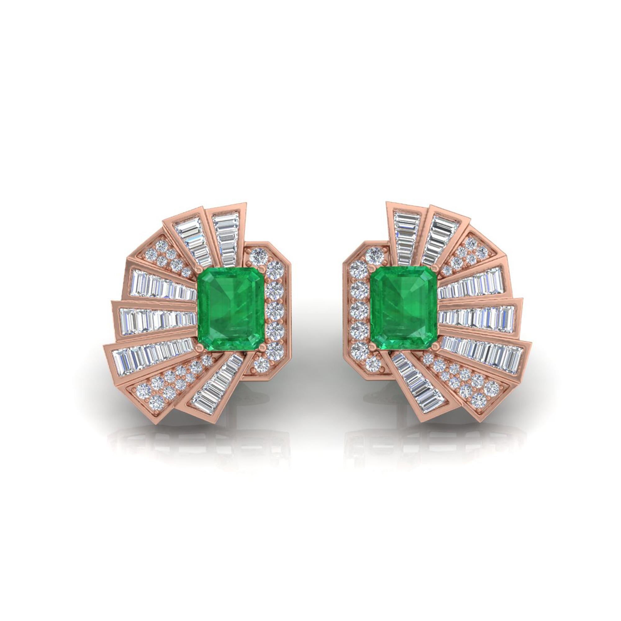 Orecchini a perno con diamante e smeraldo dello Zambia Art Deco in oro rosa 14 carati in vendita 4