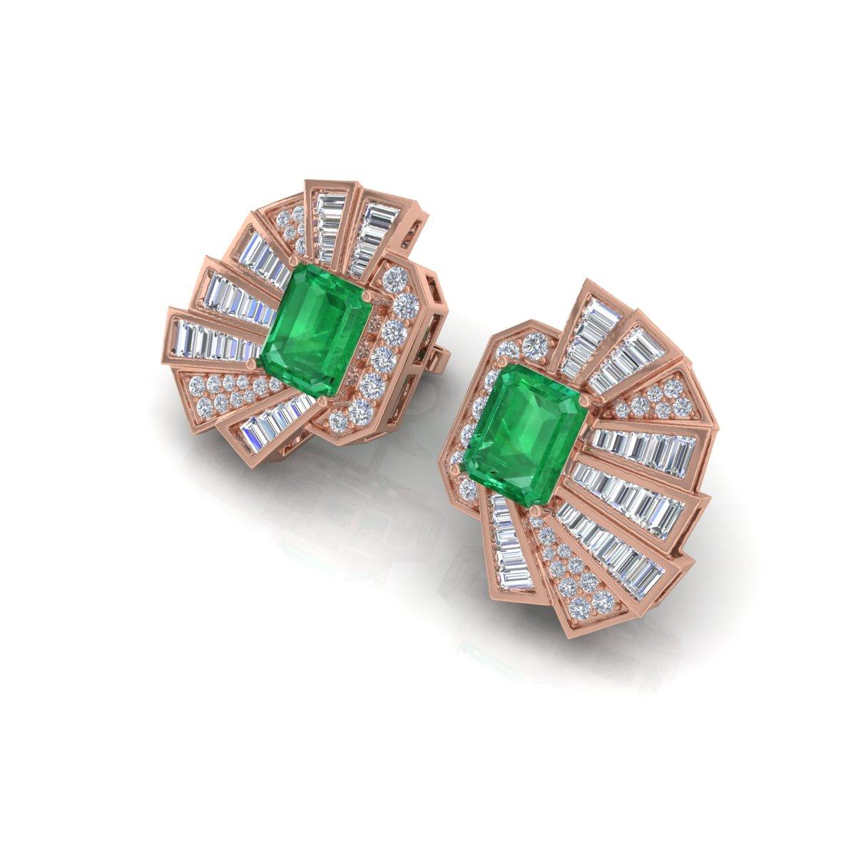 Taglio smeraldo Orecchini a perno con diamante e smeraldo dello Zambia Art Deco in oro rosa 14 carati in vendita