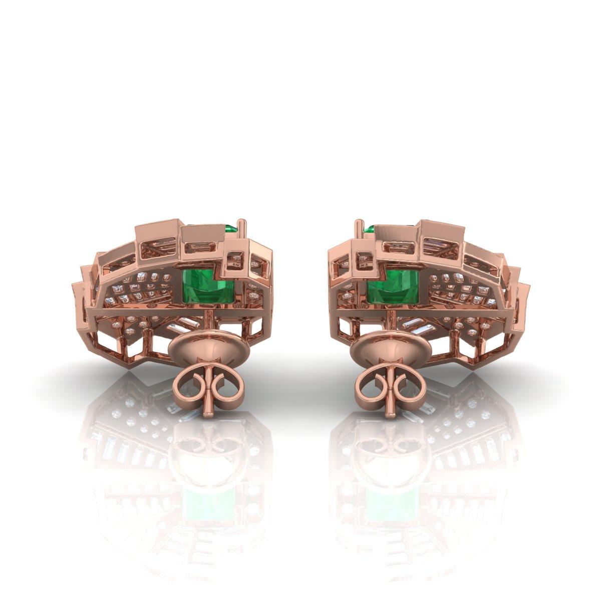 Orecchini a perno con diamante e smeraldo dello Zambia Art Deco in oro rosa 14 carati In condizioni Nuovo in vendita a Diera, Dubai