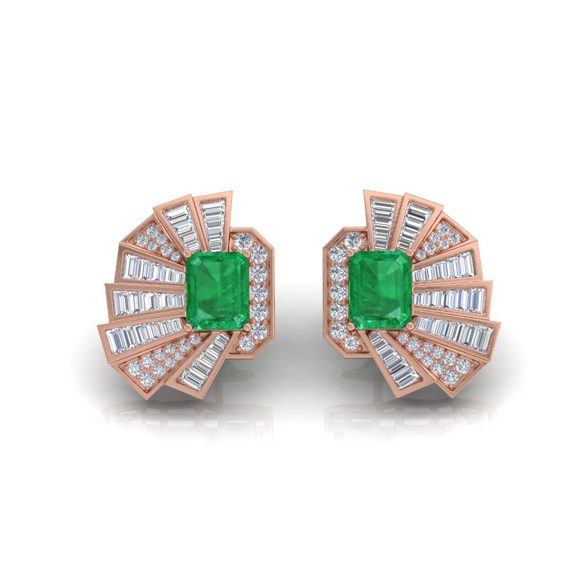 Donna Orecchini a perno con diamante e smeraldo dello Zambia Art Deco in oro rosa 14 carati in vendita