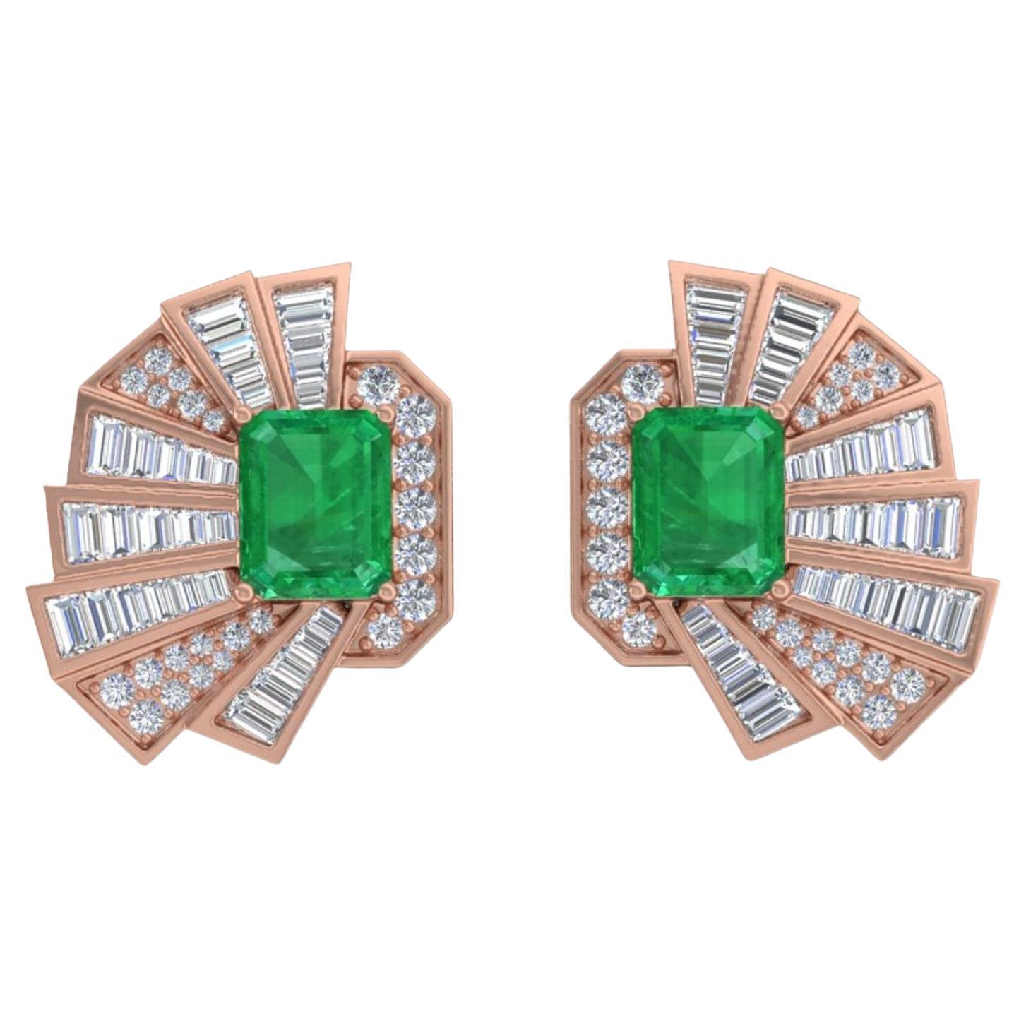 Pendientes Art Decó con esmeralda zambiana y diamantes en oro rosa de 14 quilates