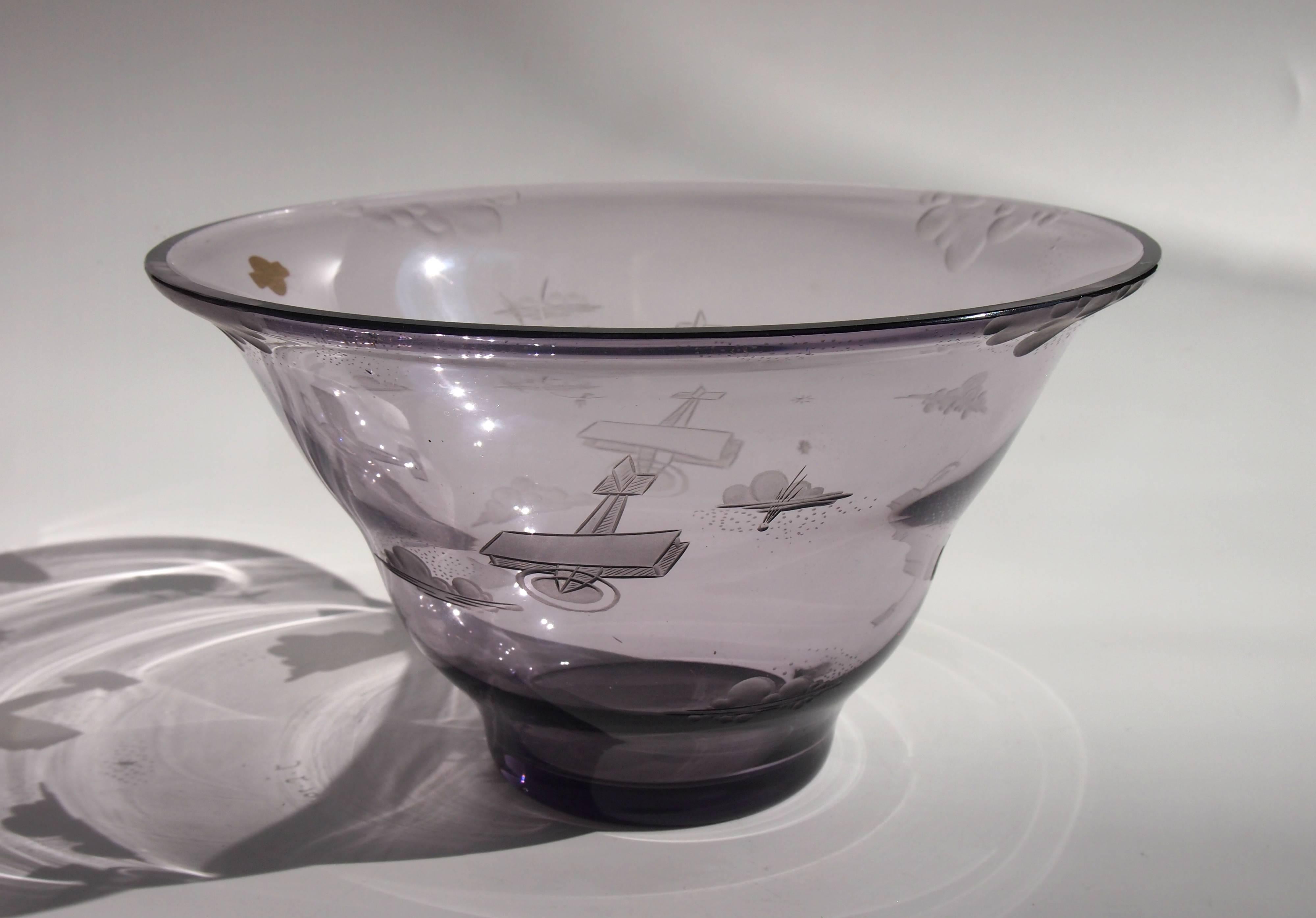 A very rare signed and dated bowl from the Zelezny Brod glass school, signed J L and dated 1937 (alas we do not know who J L was) it also has the original Zelezny Brod school label, the blank (undecorated bowl) is almost certainly by Riedel.