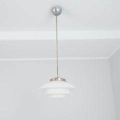 Art Deco Ziggurat Ceiling Pendant, Chromed metal and Opaline shade Finland 1930s