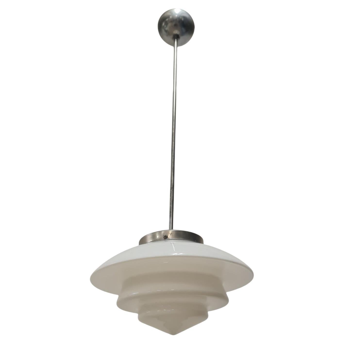 Art Deco Ziggurat Ceiling Pendant, Chromed metal and Opaline shade Finland 1930s