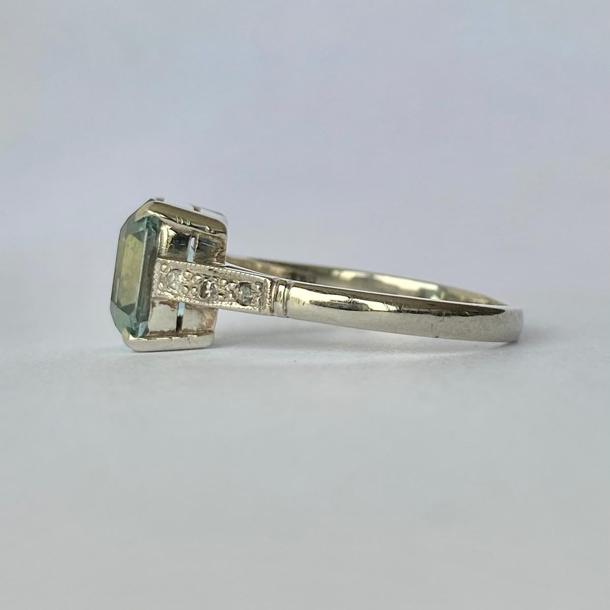 Emerald Cut Art Deco Zircon and Diamond 9 Carat White Gold Ring