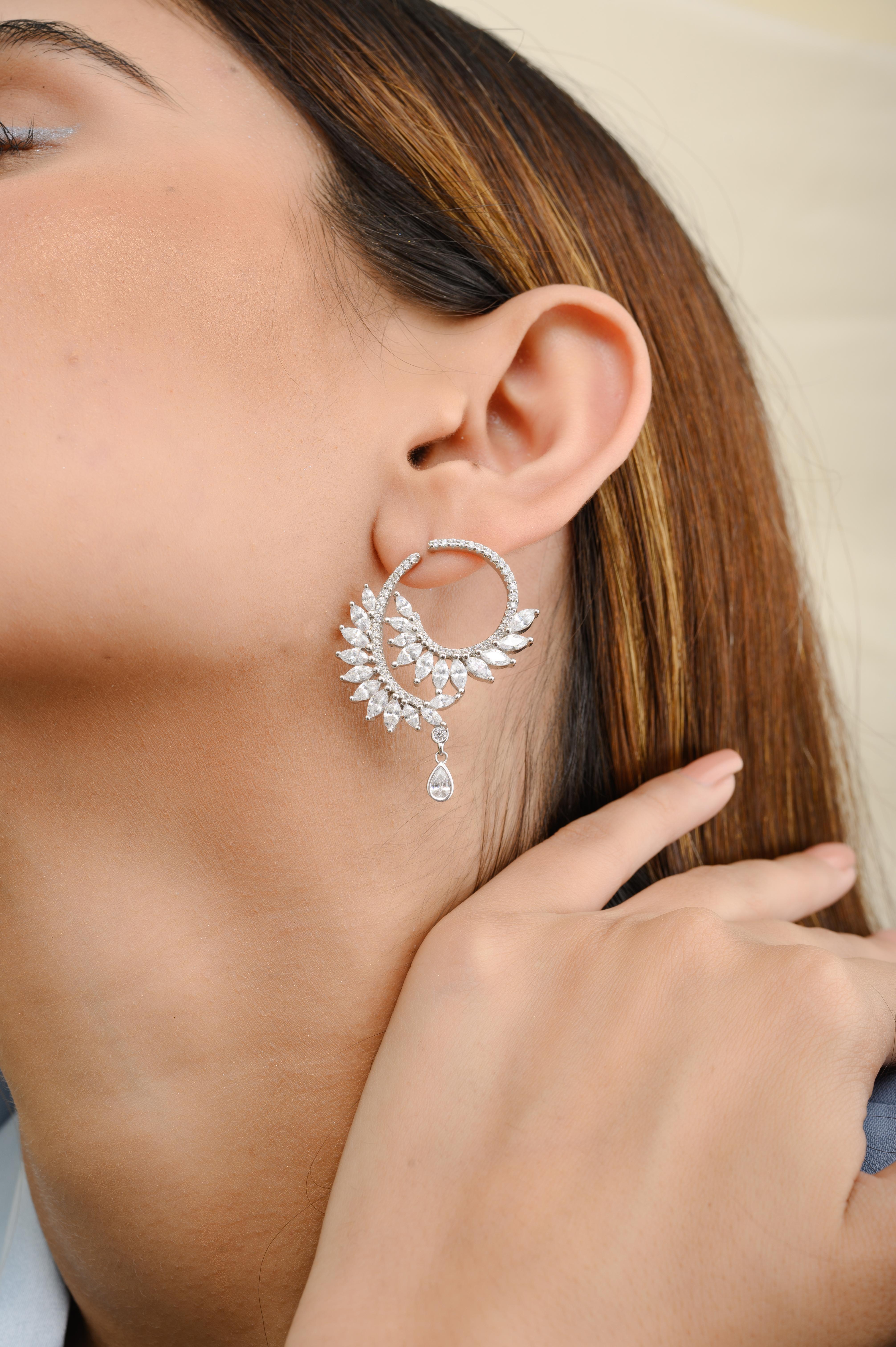 Art Deco Style Zirconia Leaf Climber Drop Stud Earrings in Silver for Mom. You shall need stud earrings to make a statement with your look. Each piece features dazzling cubic zirconia stones, renowned for their brilliance and clarity, set in