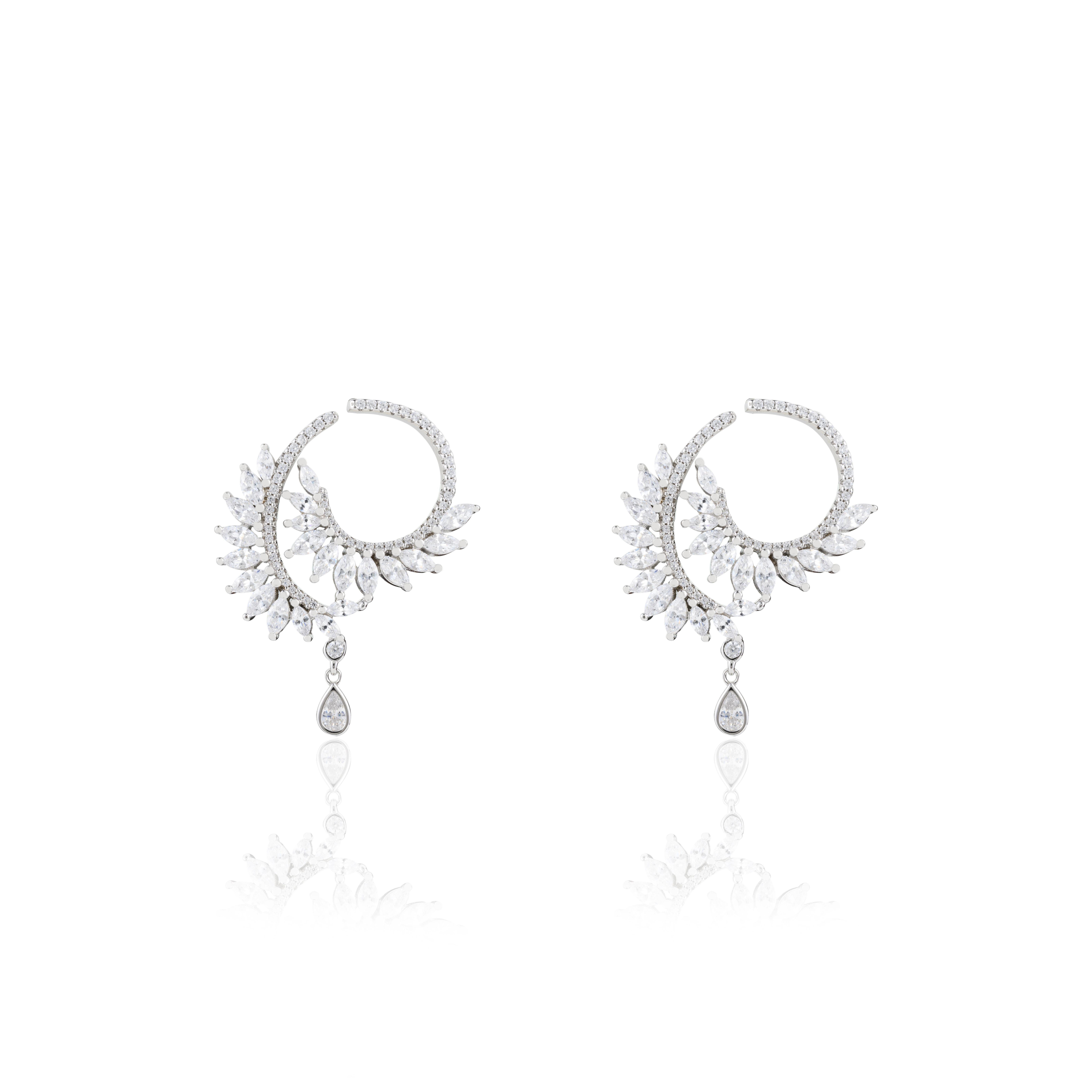 Art Nouveau Art Deco Style Zirconia Leaf Climber Drop Stud Earrings in Silver for Mom For Sale