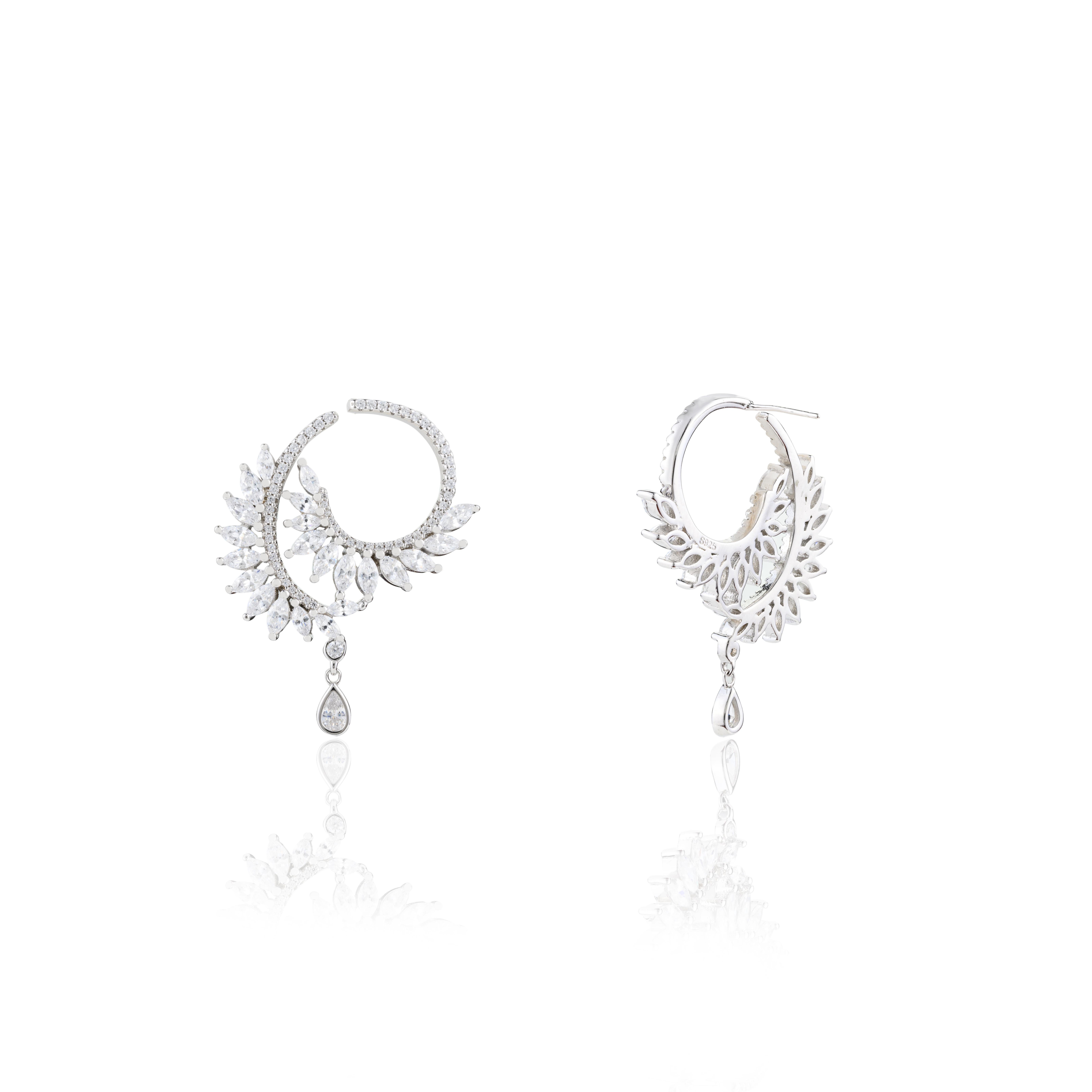 Art Deco Style Zirconia Leaf Climber Drop Stud Earrings in Silver for Mom In New Condition For Sale In New York, NY