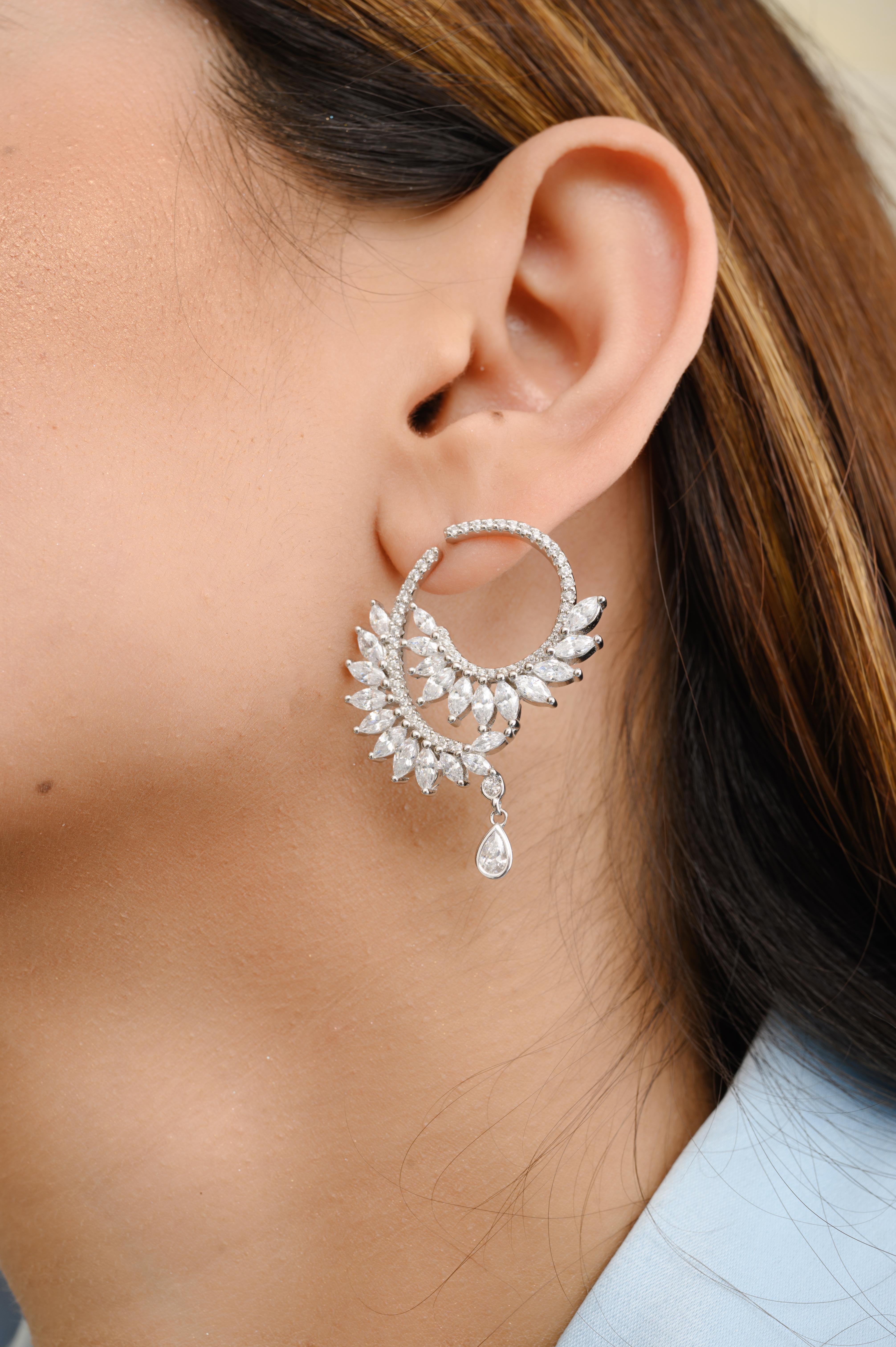 Art Deco Style Zirconia Leaf Climber Drop Stud Earrings in Silver for Mom For Sale 2