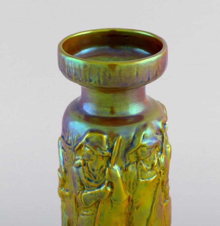 Hungarian Art Deco Zsolnay Vase in Glazed Ceramics Modelled with Workers For Sale