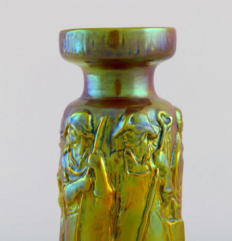Hand-Painted Art Deco Zsolnay Vase in Glazed Ceramics Modelled with Workers For Sale