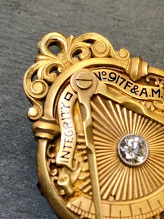 Vintage Art Deco 18K Old European Diamond Carved Enamel Masonic Award Pin Brooch